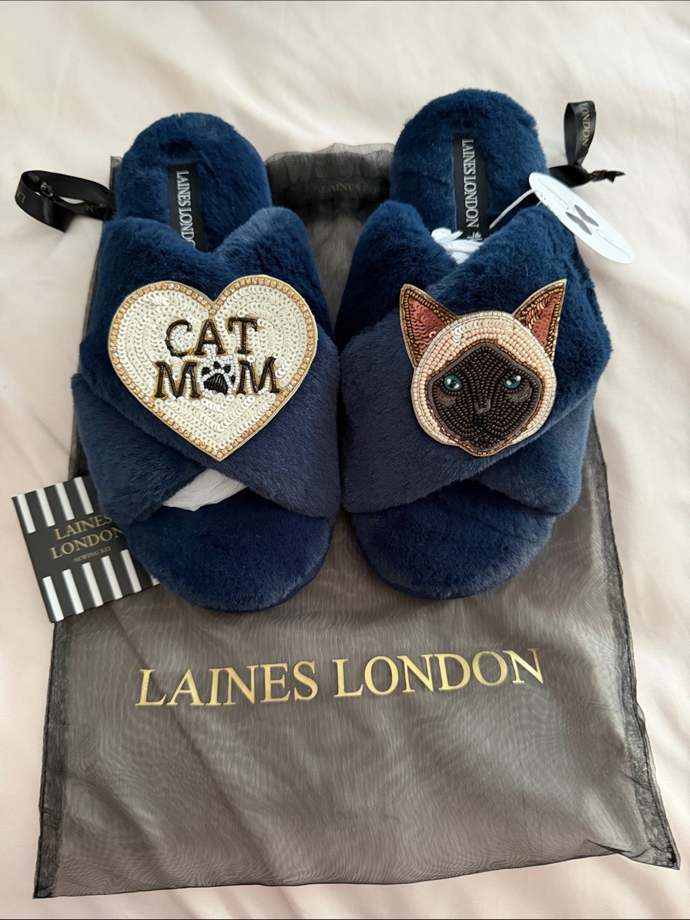 Laines London Navy Cat Mom Crossband Slippers. Siamese. Wolf & Badger